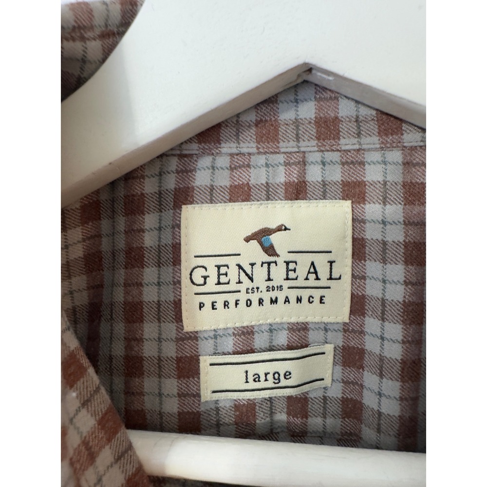 Genteal Plaid Button Down Shirt Long Sleeve Duck Logo L Brown Performance Prep - Picture 9 of 9